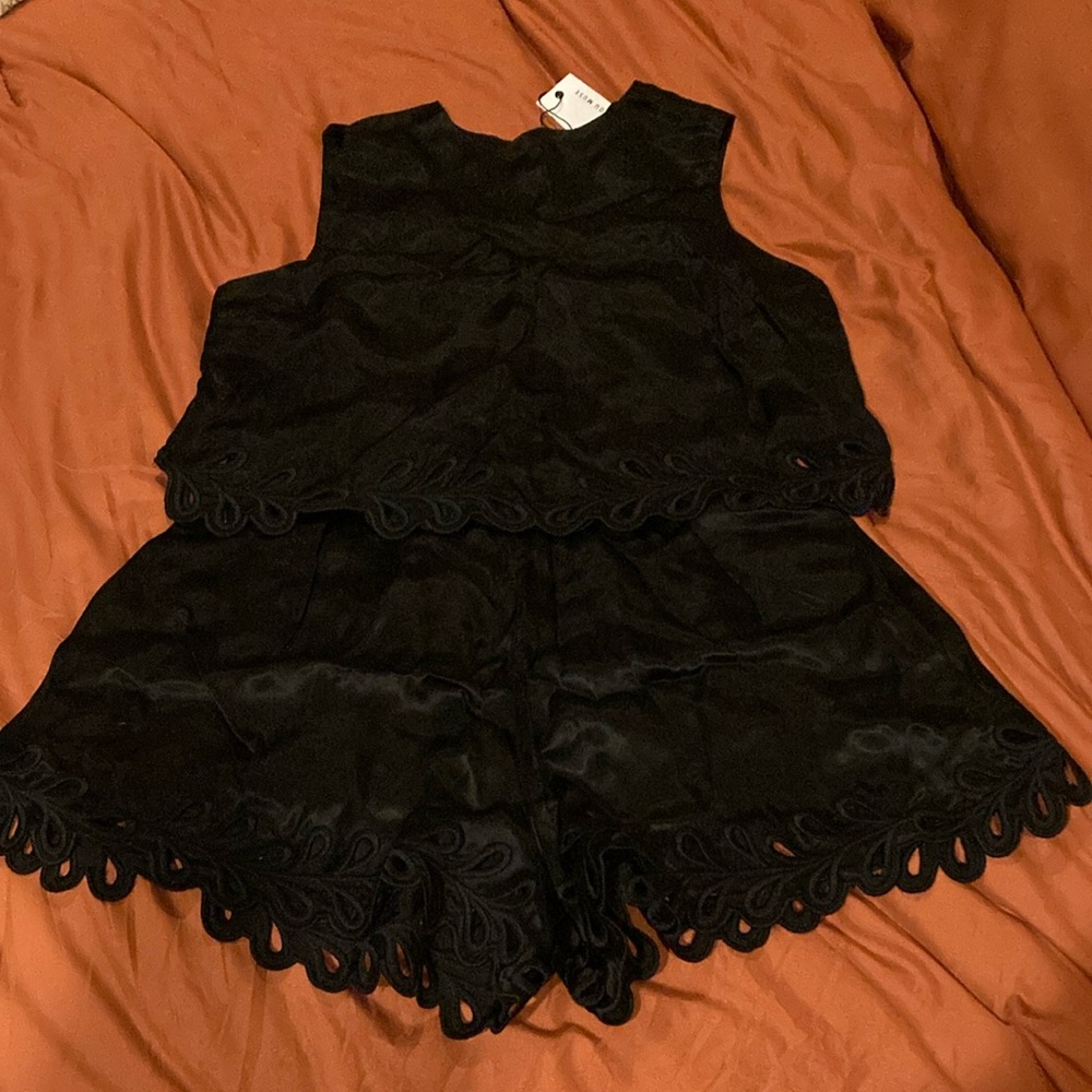 Black Lace Trim Shorts Set